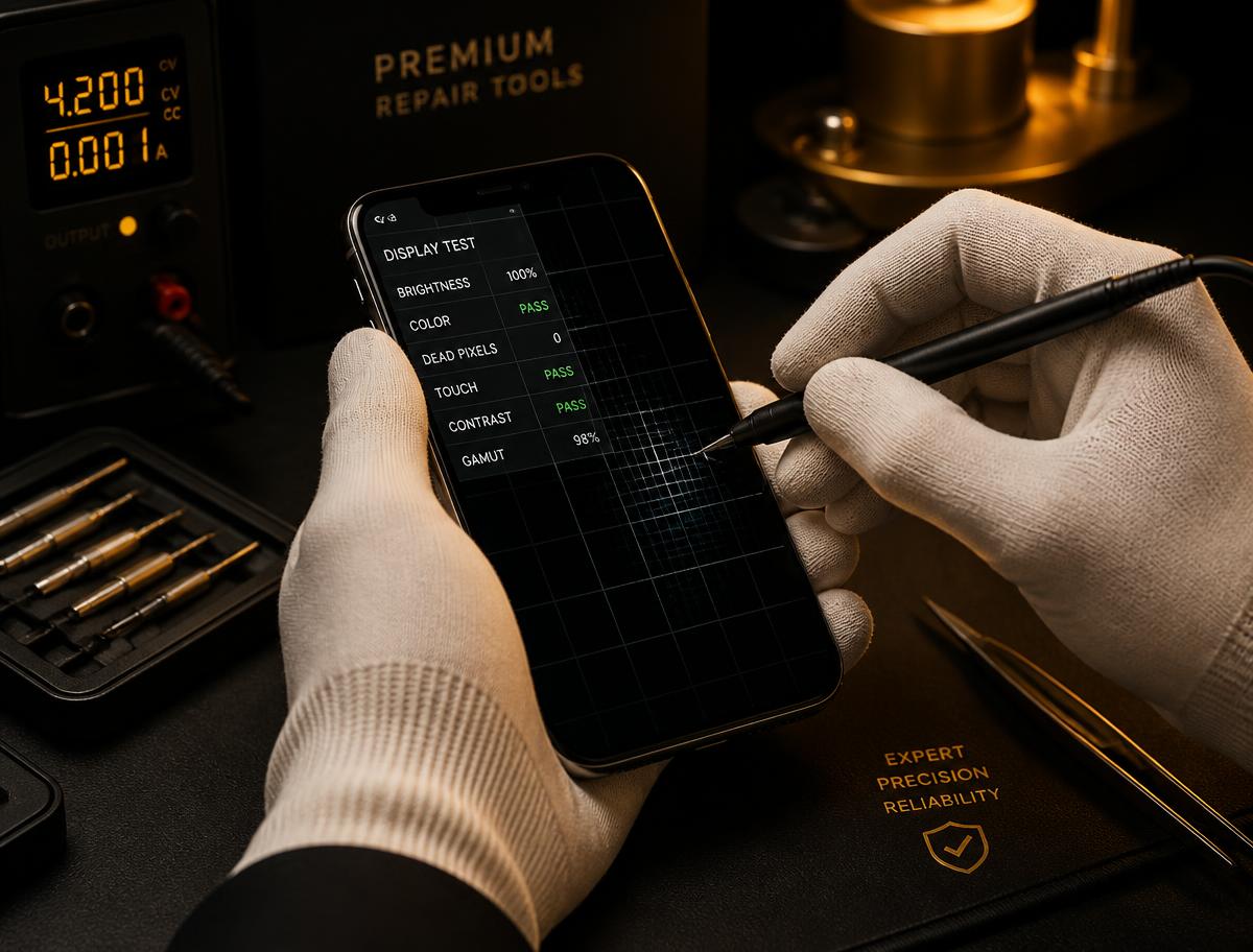 Técnico avaliando a tela de um iPhone seminovo